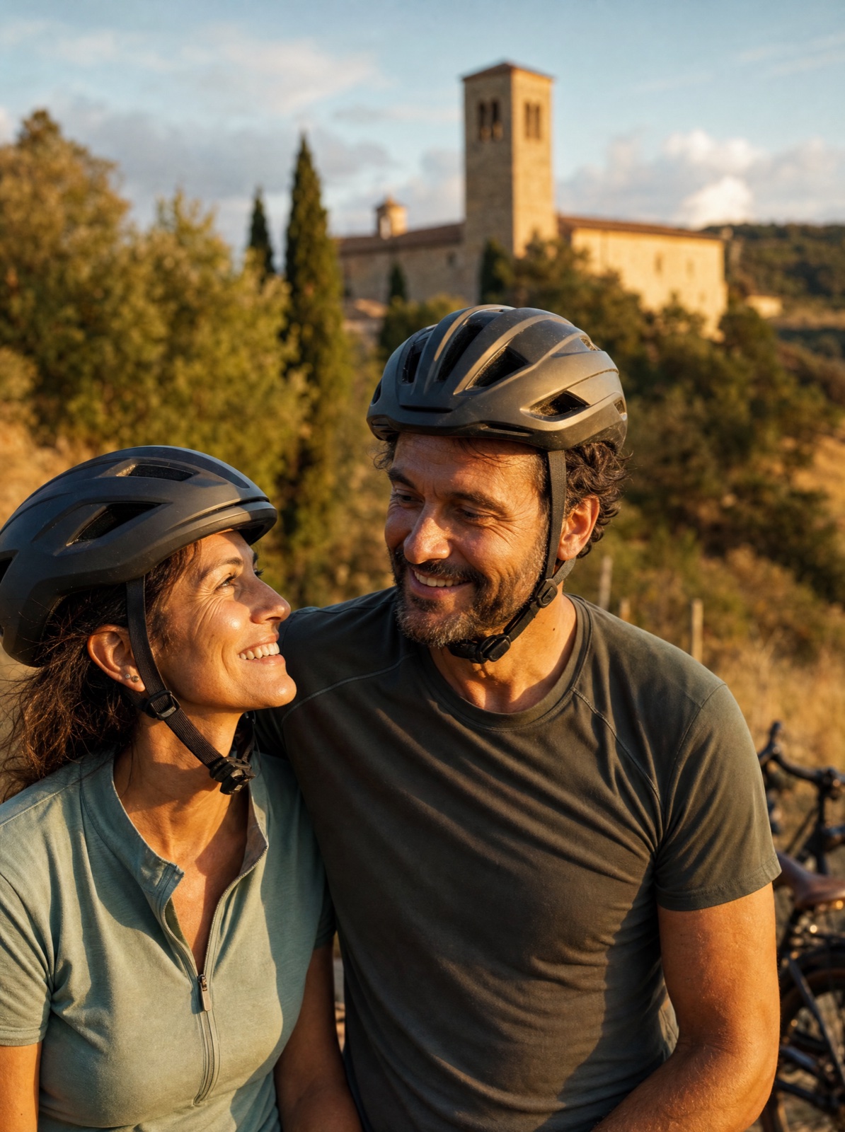 Coppia di ciclisti sorridenti con casco sulle colline di Narni al tramonto. Cycling Experience.