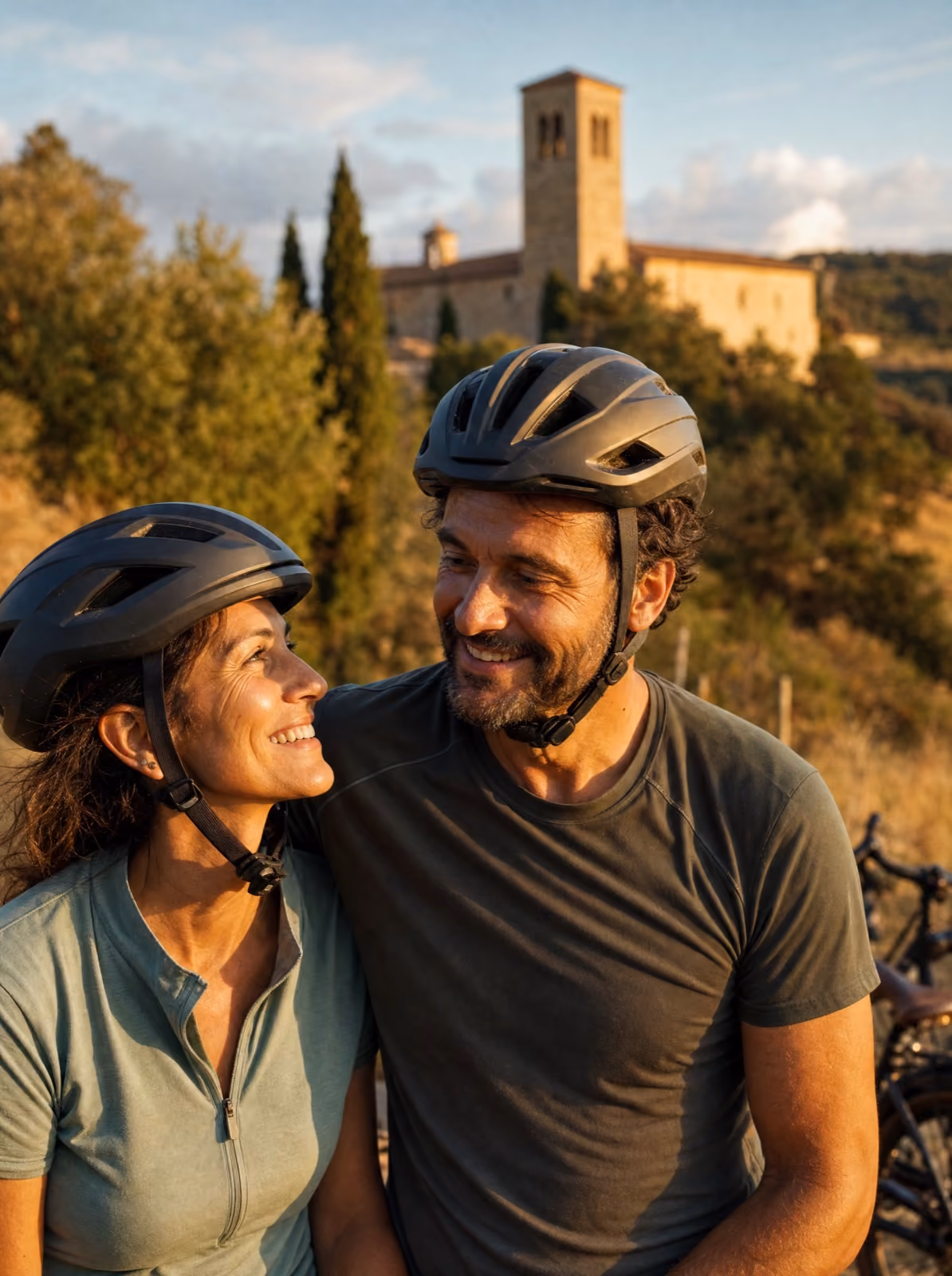 A couple cycling in the hills of Narni at sunset